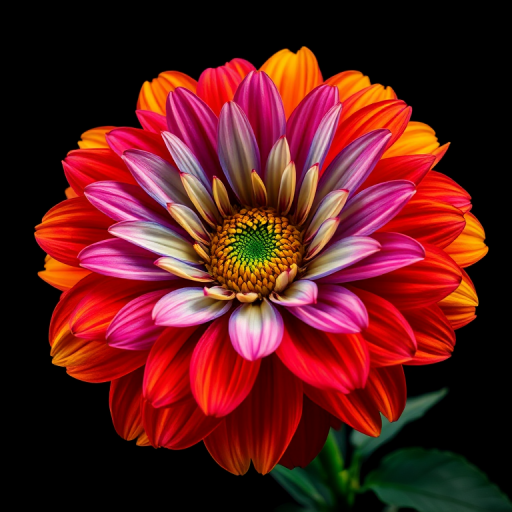 Regenerate a vibrant, multicolored flower illustration with intricate petal details against a black background, shot with a DSLR camera at f/2.8 aperture, 50mm lens, and 1/125s shutter speed for sharp focus and rich color saturation.