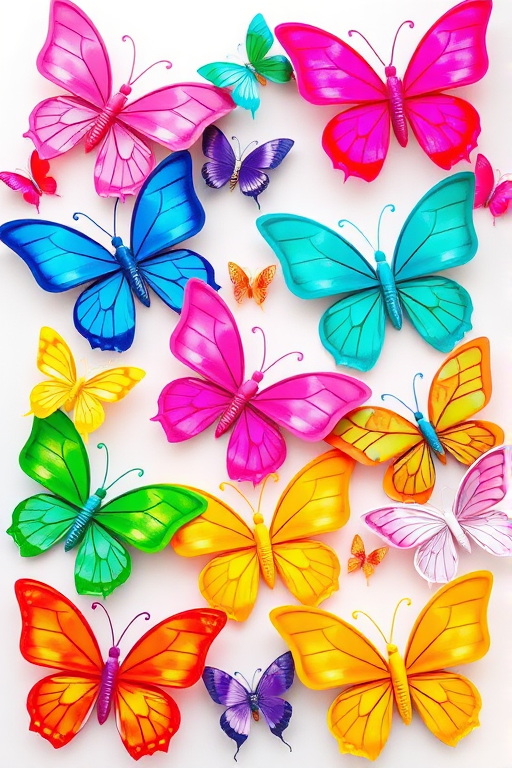 Generate an image of colorful butterflies in various shapes and sizes. Include butterflies in shades of pink, blue, orange, green, purple, and yellow. Arrange them in a playful and vibrant pattern, showcasing their unique designs and features.