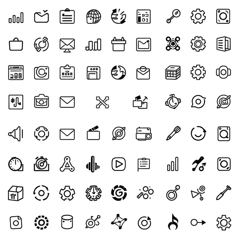 Generate an image of a grid layout featuring various simple black and white icons, including symbols like charts, email, gears, and musical instruments, with a DSLR camera at 50mm focal length, f/8 aperture, ISO 100, and natural light for enhanced clarity and detail.