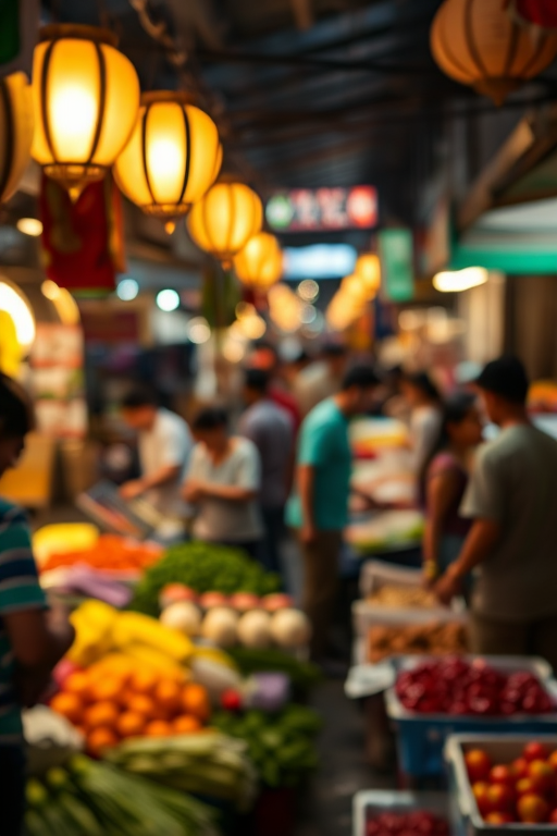 Blurry candid shot of a busy food market at dawn, with vendors setting up stalls, soft light from hanging lanterns casting warm glows, and colorful produce softly blurred in the background.