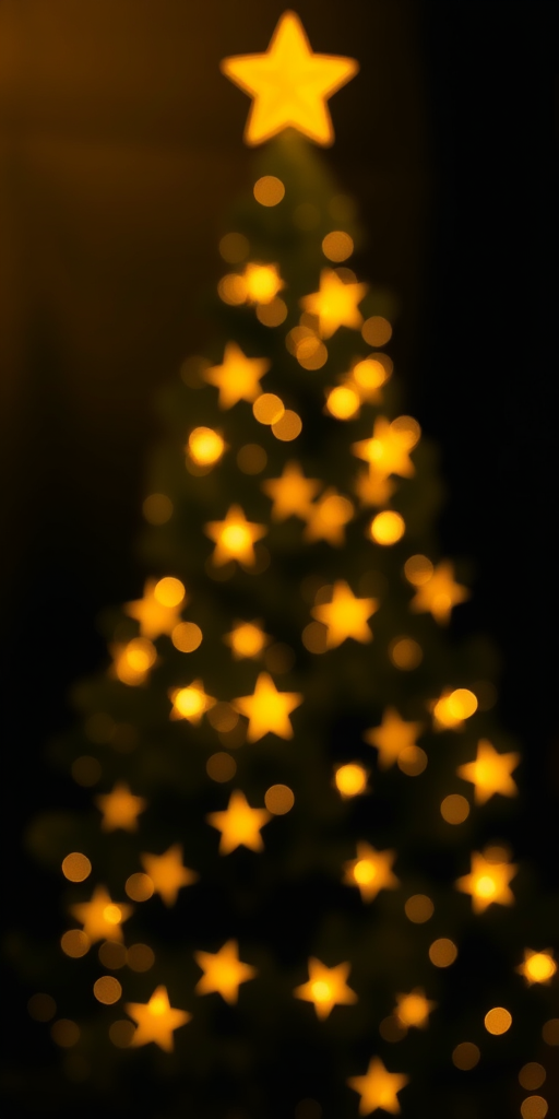 Create a glowing Christmas tree with golden stars against a black background, captured with a DSLR camera, f/1.8 aperture, ISO 100, 50mm lens, using a bokeh style for a dreamy effect.