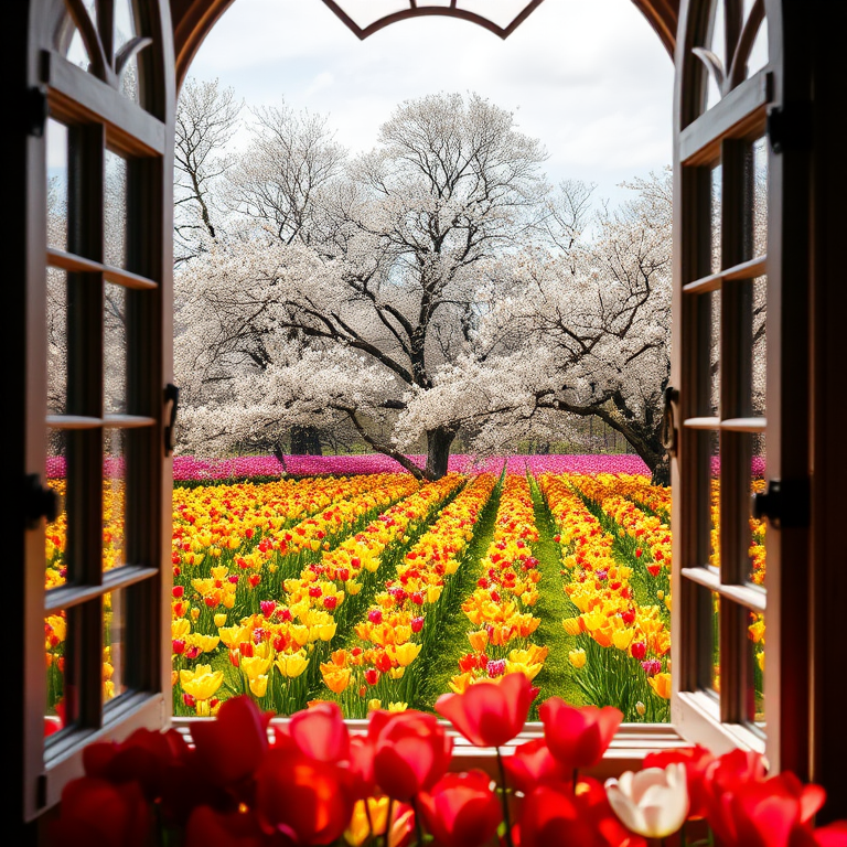Generate a vibrant landscape view through an ornate window with cherry blossom and white blossom trees flanking a colorful tulip field, captured with a DSLR camera at f/8, ISO 100, 1/250 sec, wide-angle lens, in daylight for enhanced clarity and vivid colors.