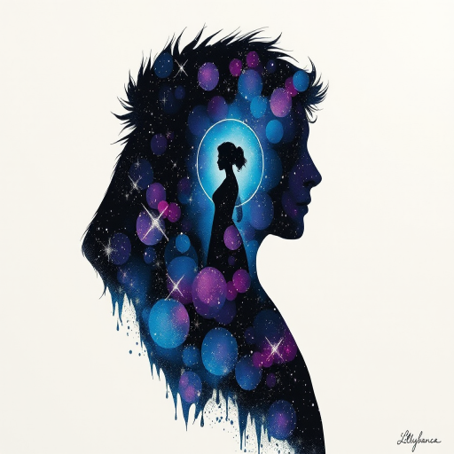 Captivating conceptual render alcohol ink art, double exposure, the paint strokes artfully merge combining a woman's full silhouette with a Lazy panda's silhouette. The figures are composed of a series of colored dots, lines & spots that evoke the image of a cosmic galaxy, colors are deep shades of blue purple & black with flashes of white & silver representing distant stars. The woman's silhouette is formed within the lion's silhouette from constellations of scattered stars, surreal