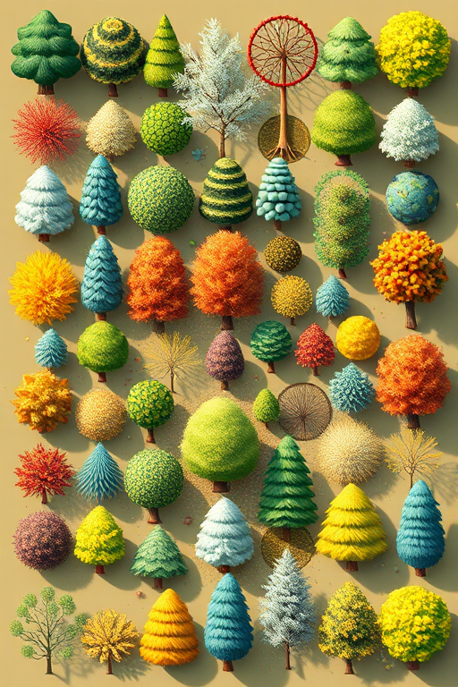 Create a vibrant illustration of various types of trees arranged in a grid format, using a DSLR camera with a 50mm lens, aperture set to f/8 for a sharp depth of field, ISO 100 for minimal noise, and a top-down view to capture details, utilizing a digital art style for enhanced visual quality.