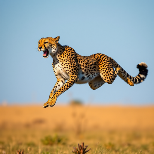 A high-resolution image of a leaping cheetah, captured with a Canon EOS 5D Mark IV, 1/1000s shutter speed, f/4 aperture, 200mm lens, vibrant colors, action capture style, clear background.