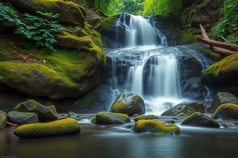 A serene waterfall cascading over moss-covered rocks surrounded by lush greenery, captured with a Canon EOS R5, f/8 aperture, 1/2 second shutter speed, ISO 100, using a tripod for stability and a polarizing filter to enhance colors and reduce glare.