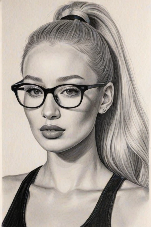 Superb Iggy Azalea, pencil sketch, portrait of Beauteous woman 1977s in glasses, hair style beatnik, outline, clear lines, fine lines, 8k