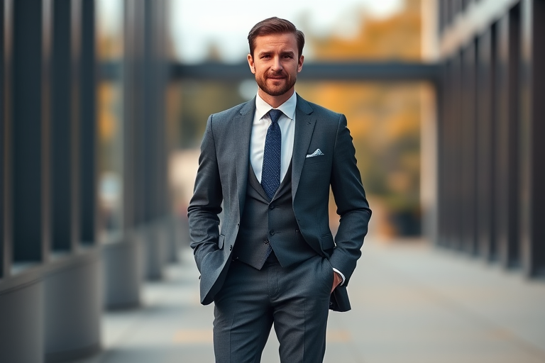 Create an image of a well-dressed man in a suit standing confidently with his hands in his pockets, captured in a full-body shot using a DSLR camera, 50mm lens, f/1.8 aperture, ISO 100, natural lighting, and slightly blurred background for depth.