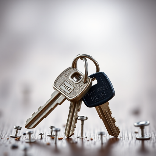 Create a high-resolution image of an oversized keyring with two keys attached, using a macro lens, 50mm f/2.8 aperture, natural soft lighting, and a shallow depth of field to enhance details and textures.