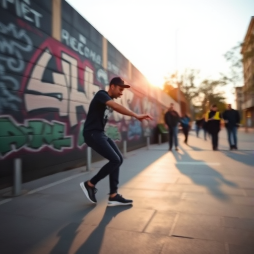 Blurry action shot of a street dancer performing in front of a graffiti-covered wall at dusk, soft golden light casting long shadows, with distant pedestrians watching from the sidewalk.