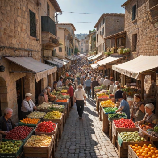 Sharp, high-resolution image of a bustling open-air market in a Mediterranean village, stalls lined with colorful fruits, vegetables, and spices, soft sunlight reflecting off the cobblestone street, the sound of vendors calling out to customers.