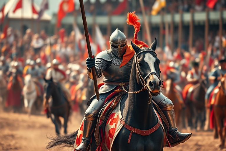 capture a medieval knight on horseback charging with a lance, in a vibrant jousting scene, using a DSLR camera, 50mm lens, f/2.8 aperture, ISO 200, 1/1000 shutter speed, shot from a slightly low angle for dramatic effect, focus on the knight with a blurred crowd in the background to enhance depth and detail