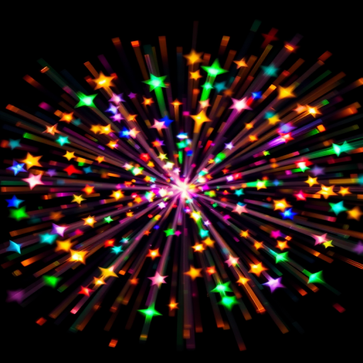 Generate a vibrant explosion of colorful stars radiating light in a black background with a DSLR camera at f/2.8, ISO 100, 50mm lens, and shot from a low angle with a soft-focus background to enhance image quality.