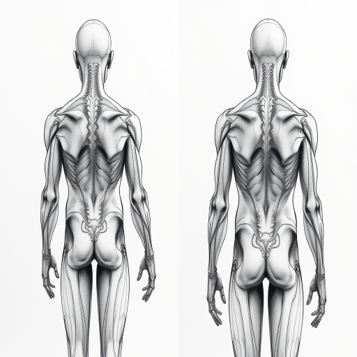 Create a detailed anatomical illustration of a male figure, front and back view, using a high-resolution digital camera with a 50mm lens at f/8 aperture, in natural light, ensuring sharp focus and clear lines for enhanced image quality.