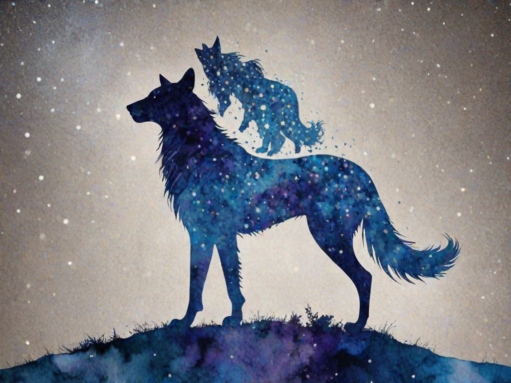Captivating conceptual render alcohol ink art, double exposure, the paint strokes artfully merge combining a woman's full silhouette with a Loping coyote's silhouette. The figures are composed of a series of colored dots, lines & spots that evoke the image of a cosmic galaxy, colors are deep shades of blue purple & black with flashes of white & silver representing distant stars. The woman's silhouette is formed within the lion's silhouette from constellations of scattered stars, surreal