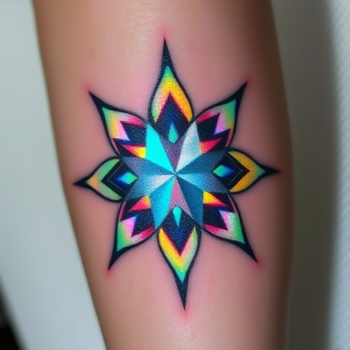 Holographic effect tattoo named "Prismatic Illusion" creating the appearance of a three-dimensional,