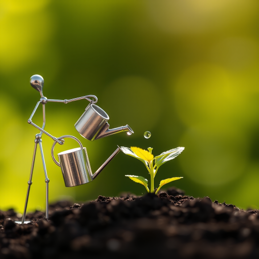 A metal figurine of a person, constructed from thin, silver rods, stands on the left side of the image, facing the viewer. The figurine is holding a small watering can and pouring water onto a young plant, with a few droplets in the air. The plant, with lush green leaves, is situated in the center, growing from dark soil. The background is a soft, out-of-focus blur of green, illuminated by warm, natural light.  The composition creates a sense of depth and intimacy. The image evokes feelings of growth, nurture, and hope.