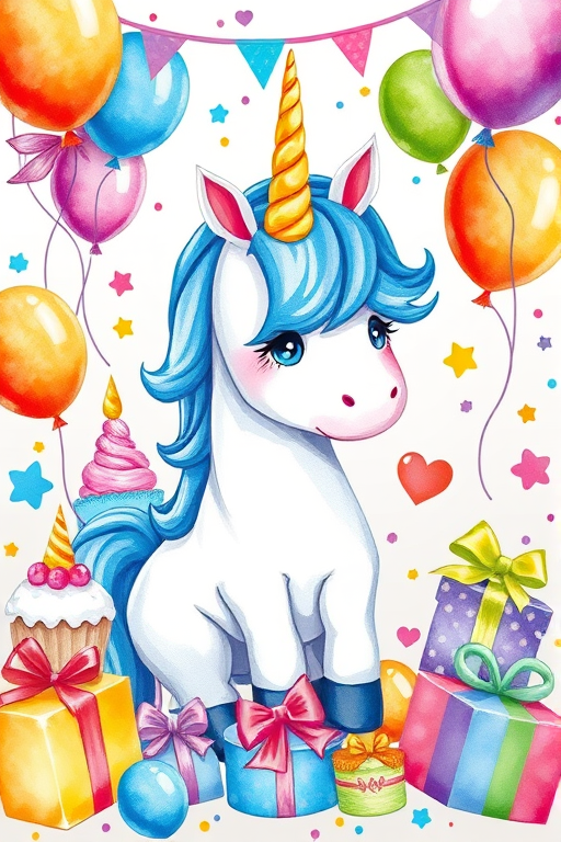 Create a vibrant and playful illustration featuring a whimsical unicorn with a blue mane surrounded by colorful birthday elements like balloons, cakes, and presents, using a watercolor style, shot with a DSLR camera at f/2.8, ISO 100, and a 50mm lens from a close-up perspective to enhance detail and color saturation.