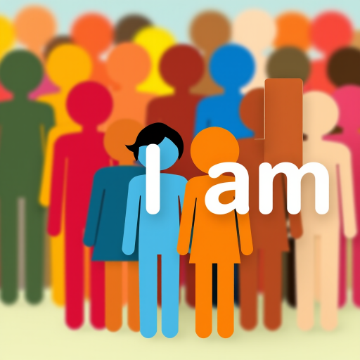 Create a colorful infographic depicting a diverse group of stick figure people in various shades standing behind a simple house outline, with the word "I am" emphasized in bold next to the figure; use a DSLR camera with a 50mm lens, aperture set to f/4, ISO 100, and a shallow depth of field to enhance clarity and sharpness.