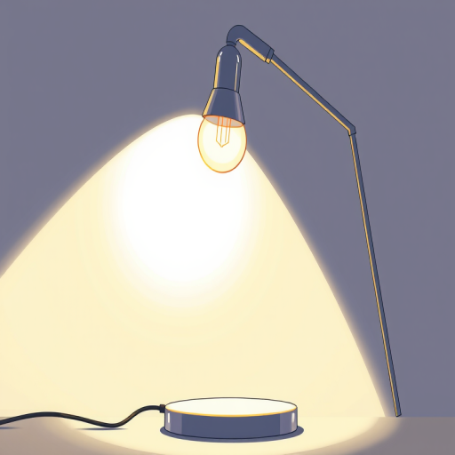a detailed illustration of a modern desk lamp with a sleek design, soft light glowing from the bulb, high resolution, 50mm lens, f/2.8 aperture, natural light, shot from a low angle to emphasize the lamp's height and silhouette, studio quality lighting
