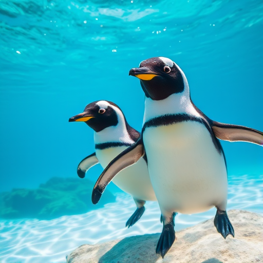 Create a vibrant underwater scene featuring two penguins swimming gracefully in clear blue water, shot with a DSLR camera at ISO 200, aperture f/8, shutter speed 1/500s, wide-angle lens, high dynamic range to enhance color saturation and detail.