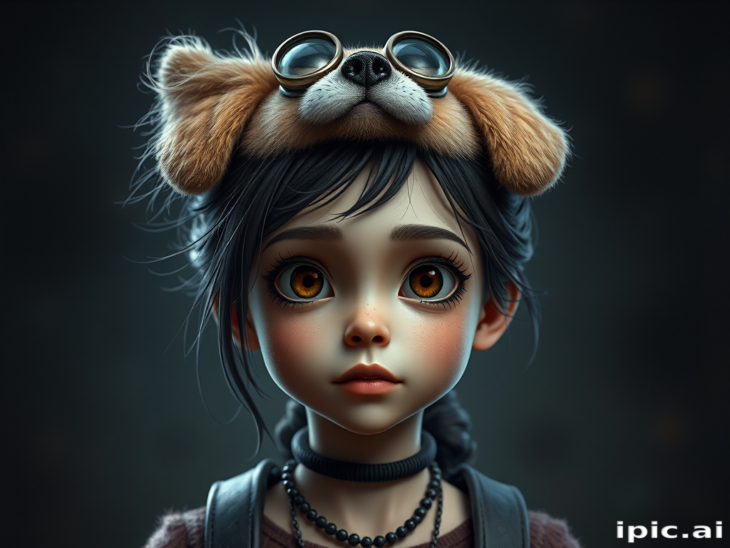 Stunning image of a cute adorable [CHARACTER] with a wacky [PET] on her head, moody, grainy, noisy, concept art, by Alberto Seveso, Meaningful Visual Art, Detailed Painting, Digital Illustration, Unreal Engine 5, 32k maximalist, hyper-detailed fantasy art, 3d digital art, sharp focus, masterpiece, fine art