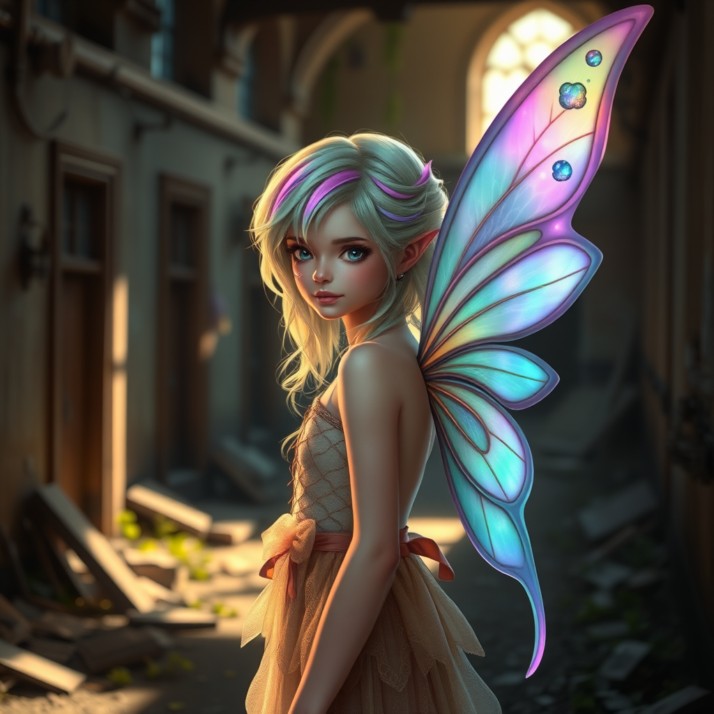 Create a highly detailed fantasy illustration of a young fairy with colorful pastel hair and iridescent wings standing in a mystical, abandoned setting, soft natural lighting, 85mm lens, f/1.8 aperture, ISO 200, shot with a DSLR camera for enhanced image quality.