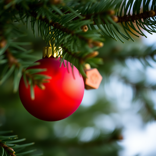 Close-up of a red Christmas ornament with golden cap hanging on a pine tree branch, shallow depth of field, natural light, macro lens, ISO 100, f/2.8, 50mm lens, DSLR camera.