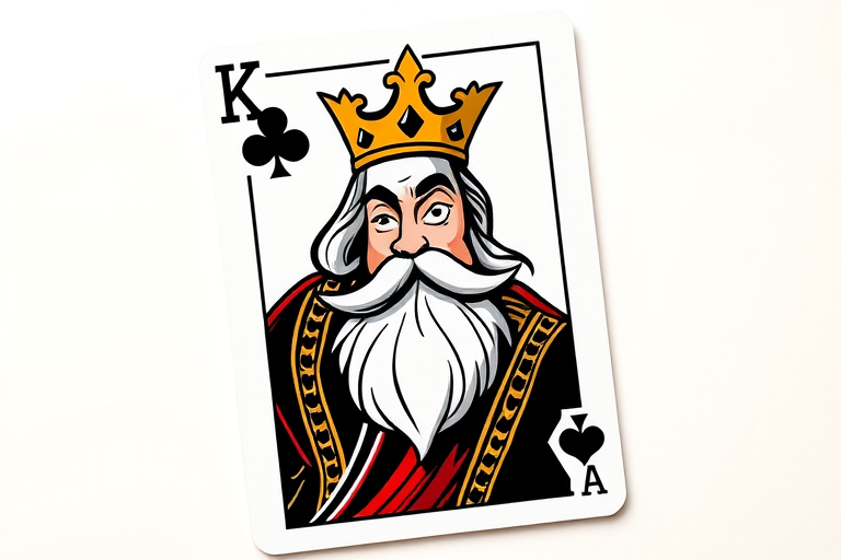 Create a high-resolution illustration of a king of clubs playing card featuring a cartoonish king with a crown and beard, set against a light background, captured with a digital camera at 50mm focal length, f/2.8 aperture, ISO 100, and in a flat lay style for sharp details.