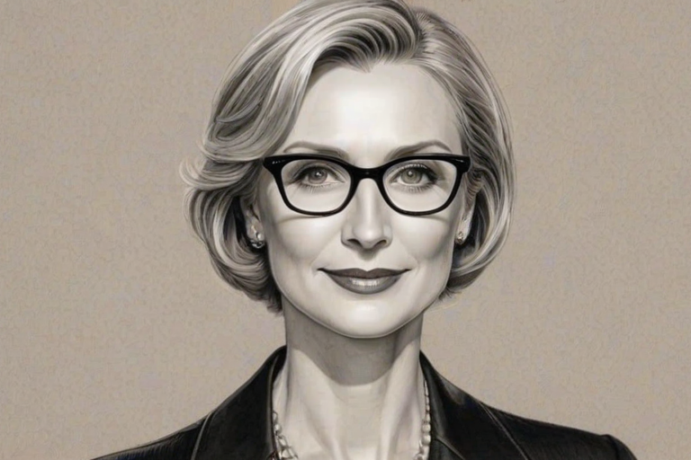 Elegant Jane Lynch, pencil sketch, portrait of Radiant woman 1933s in glasses, hair style beatnik, outline, clear lines, fine lines, 8k