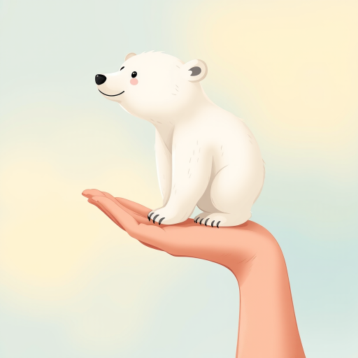 Create a whimsical illustration of a polar bear standing on a human hand, with a pastel gradient background of soft blues and yellows, using a DSLR camera with a f/2.8 aperture, a 50mm lens, and a shallow depth of field for enhanced detail and focus.
