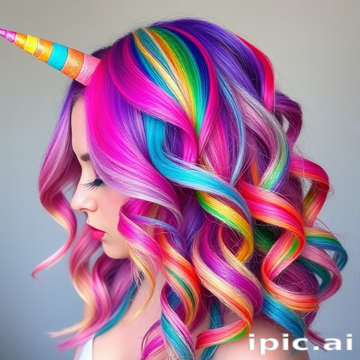 Daring rainbow unicorn hair featuring vibrant streaks of every color, styled in voluminous curls with a deep side part, embodying magical whimsy