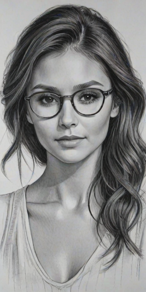 Pleasing Nina Dobrev, pencil sketch, portrait of Radiant woman 1921s in glasses, hair style beatnik, outline, clear lines, fine lines, 8k