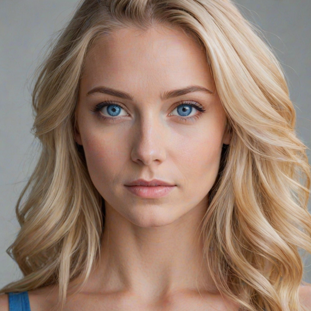 three quarter shot of a woman, blonde hair, perfecteyes, blue eye
