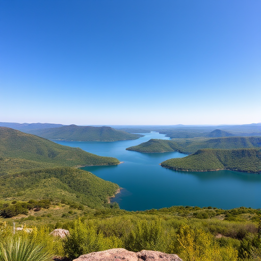 Capture a serene landscape of a tranquil lake surrounded by lush green hills under a clear blue sky, using a DSLR camera at f/8 aperture, 1/250 sec shutter speed, ISO 200, shot from a high vantage point with a wide-angle lens to emphasize depth and detail.