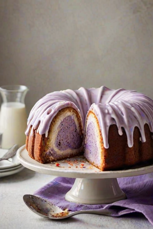 Create an image of a cake in a bundt pan, featuring a mix of light purple and white layers. The cake should be resting on a neutral-colored cloth, with an ice cream scoop placed beside it. The background should have a simple, textured surface to enhance the focus on the cake.