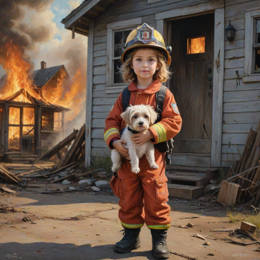 airbrushed oil painting, pixar style, cute little girl in fireman gear, helmet, tousled hair, expressive eyes, standing in the doorstep of a cottage burning behind him, holding a cute little dog in her arm, atumn sky