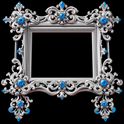 Create a highly detailed illustration of an ornate picture frame with intricate silver filigree and blue embellishments on a black background, captured with a DSLR camera at f/2.8, ISO 100, 50mm lens, in a macro photography style for enhanced sharpness and clarity.