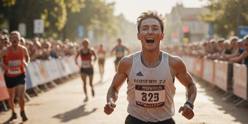 Blurry, action shot of a runner crossing the finish line, sweat dripping down their face, crowd cheering in the background, sunlight catching the medal around their neck, dust kicked up from the ground as they sprint, focus on the determination in their eyes.