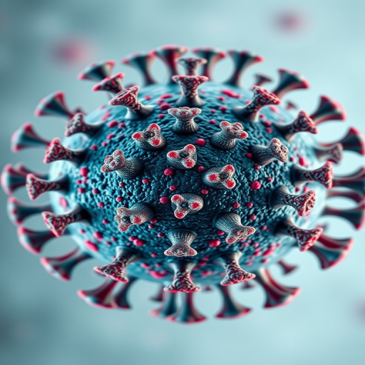 Create a hyper-realistic 3D render of a virus, showcasing intricate surface textures and details with vivid colors, photographed from a top-down view using a DSLR camera, 50mm lens, f/1.8 aperture, ISO 100, and a high dynamic range setting to enhance depth and clarity.