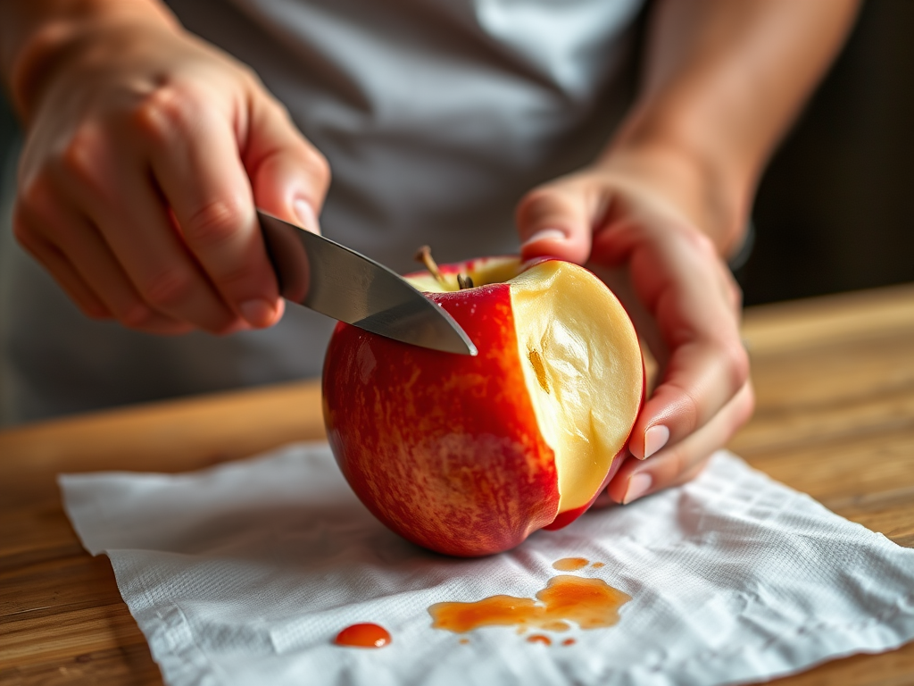 Close-up of a person peeling a red apple with a knife on a white paper towel, natural lighting, f/2.8 aperture, 50mm lens, DSLR camera, shallow depth of field, focus on the apple and hands.