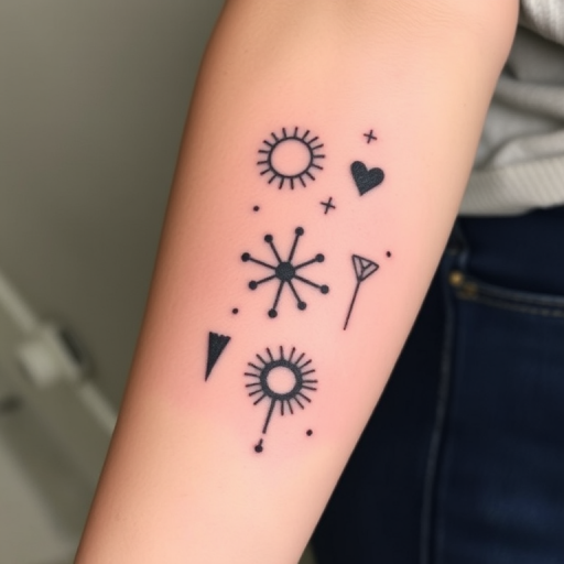 Stick and poke tattoo called "Primitive Whispers" featuring simple yet meaningful symbols and patterns created entirely with hand-poked dots, embracing imperfections for a raw, organic aesthetic