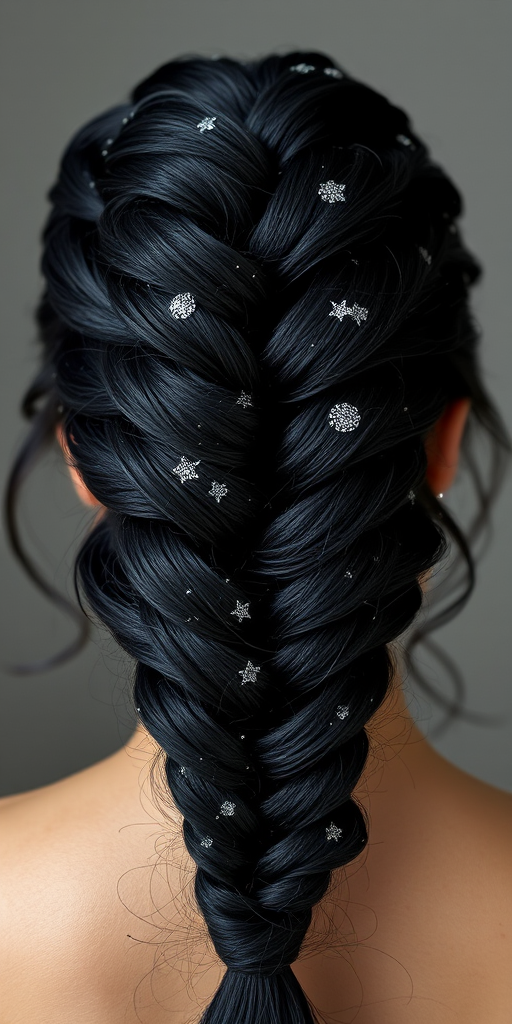 Raven black crown braid adorned with shimmering silver threads, the "Starry Night" design combines classic elegance with celestial inspiration