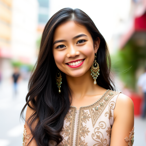 portrait of a young woman with long dark hair smiling, wearing an ornate dress with intricate beadwork and earrings, soft focus background with urban setting, natural lighting, 85mm lens, f/1.8 aperture, ISO 100, 1/200 sec shutter speed, shallow depth of field, candid style