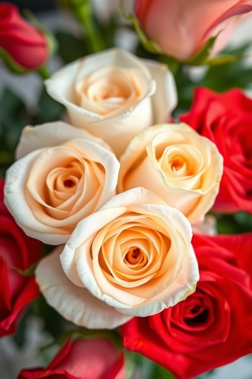 Create a bouquet of white and red roses, utilizing a macro lens at f/2.8 for a shallow depth of field, ISO 100 for low noise, and a slight top-down angle to capture vibrant colors and details, shot with a DSLR camera to enhance image quality.