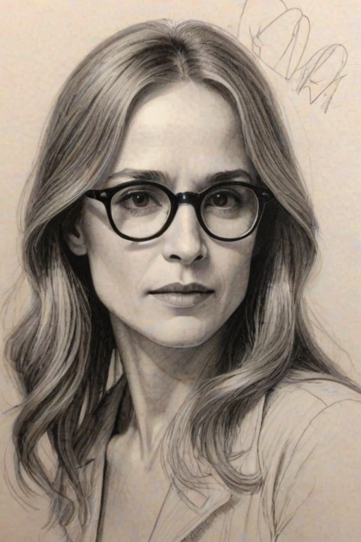 Enchanting Holly Hunter, pencil sketch, portrait of Radiant woman 1922s in glasses, hair style beatnik, outline, clear lines, fine lines, 8k