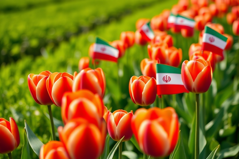 Create an image of vibrant tulips with Iranian flags, set in a lush green field, captured with a DSLR camera, 50mm lens, f/2.8 aperture, ISO 100, natural lighting, high-resolution, and a shallow depth of field.