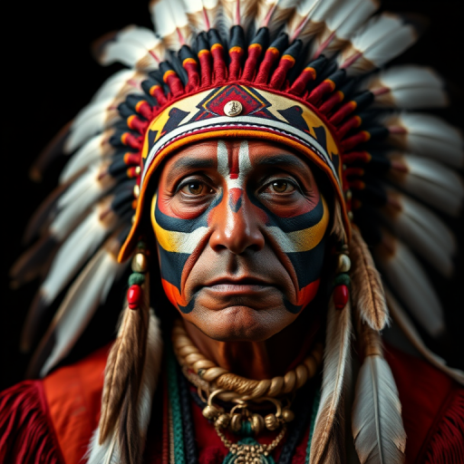 regenerate an image of a Native American chief with vibrant face paint and a feathered headdress, studio lighting, 85mm lens, f/1.8 aperture, ISO 100, 1/200s shutter speed, portrait view, high-resolution details against a black background