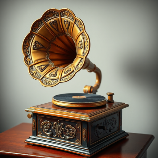 Create a highly detailed digital illustration of a vintage gramophone with intricate designs, shot in a well-lit studio setting with a DSLR camera, aperture set to f/2.8 for a shallow depth of field, ISO 100 for minimal noise, and a 50mm lens for sharp focus on the subject while softly blurring the background.