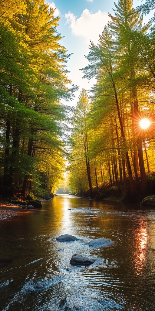 Create an image of a serene, sunlit forest scene with a clear, gently flowing river. Tall trees with lush green foliage line both sides of the river, their leaves bathed in the warm golden light of the setting or rising sun. The sunlight filters through the trees, casting soft, dappled light on the river, which flows over smooth rocks and pebbles, creating a peaceful, natural atmosphere. The sky is bright with a few scattered clouds, and the overall mood is tranquil, evoking a deep sense of connection with nature. The image captures the beauty of a calm, pristine forest landscape at either dawn or dusk.